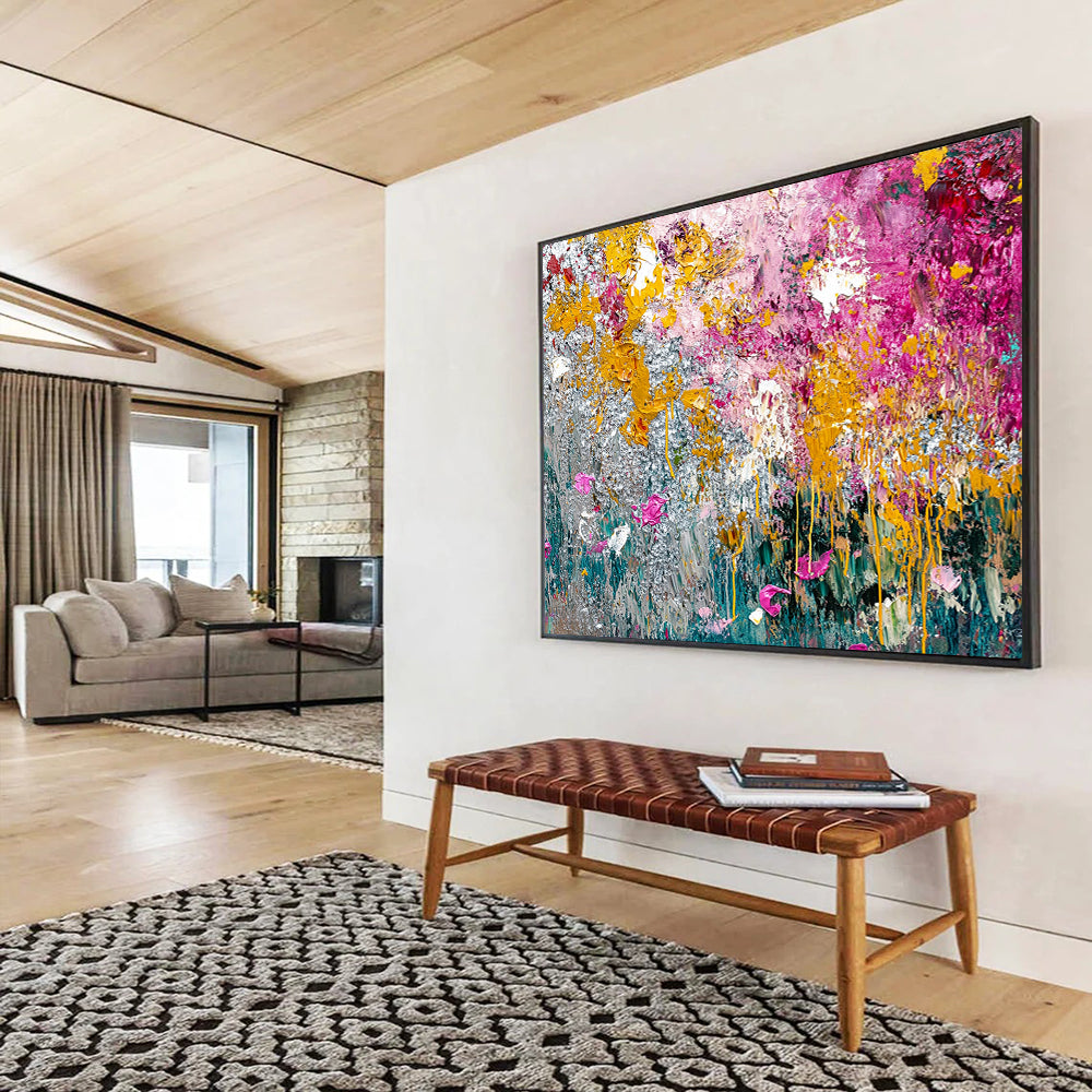 “Textured Floral Abstract” - Yellow, Pink, Silver, Green with Thick Textures - Painting On Canvas HB1379