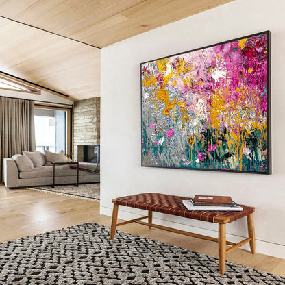 “Textured Floral Abstract” - Yellow, Pink, Silver, Green with Thick Textures - Painting On Canvas HB1379