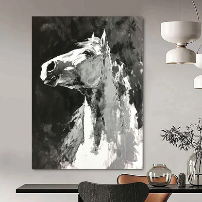 Contemporary abstract painting featuring a horse with monochromatic loose brushwork on a black background creating an expressive minimalistic atmosphere. DLZ0602