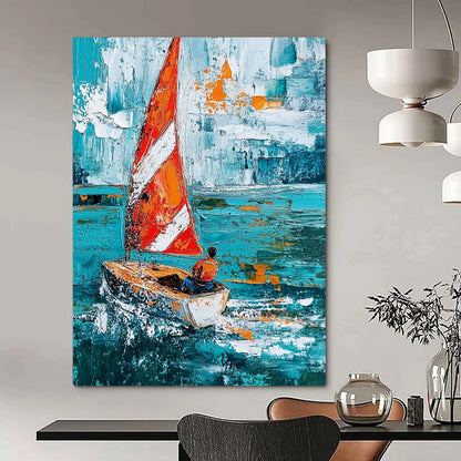 Contemporary hand-painted abstract art showcasing a sailboat with striped sails navigating turquoise waves, featuring expressive brush strokes and textured impasto techniques. DLZ1697