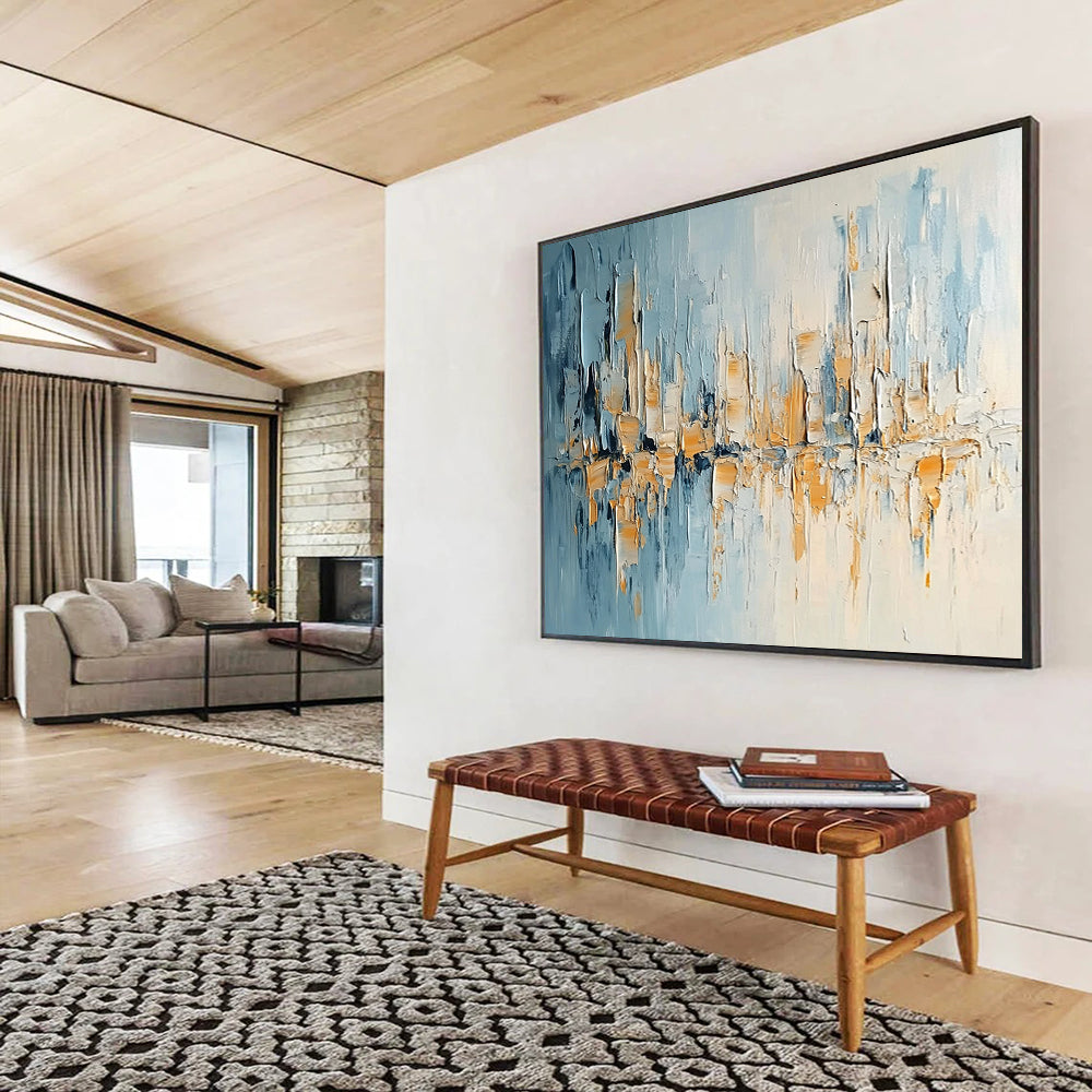 “Textured City Skyline” - Blue, Beige, White, Textured City Skyline Painting On Canvas HB0988
