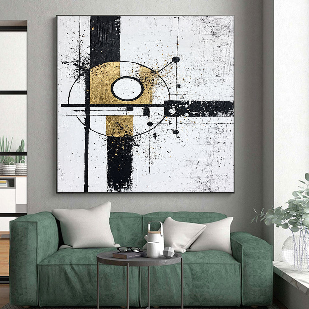 Black, White, Gold, Geometric Fusion "Gilded Geometry" Abstract Cubist - Inspired Painting On Canvas HB103