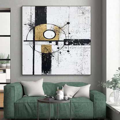 Black, White, Gold, Geometric Fusion "Gilded Geometry" Abstract Cubist - Inspired Painting On Canvas HB103