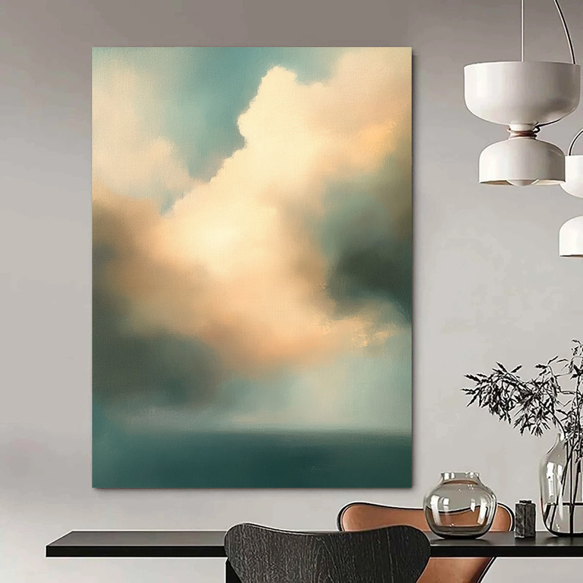 Contemporary abstract oil painting features muted teal and beige clouds over an ocean, creating a serene and captivating atmosphere. DLZ0892