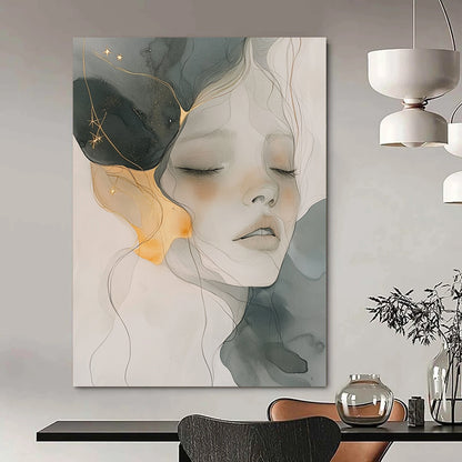 Contemporary abstract artwork features soft watercolor and ink wash with gold accents gentle color palette and ethereal ambience capturing serenity and fluidity. DLZ0786