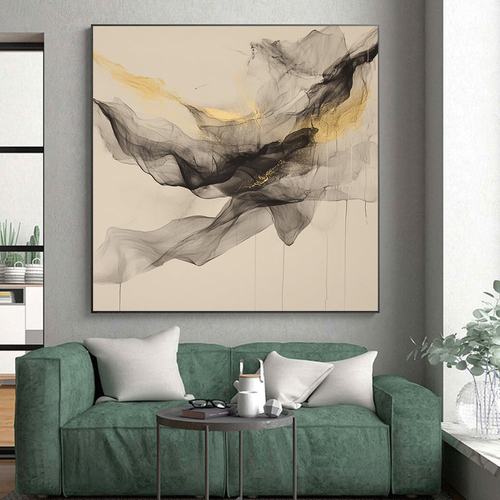 Beige, Gray, Gold, Flowing Shapes "Golden Veil" Abstract Painting On Canvas HB027