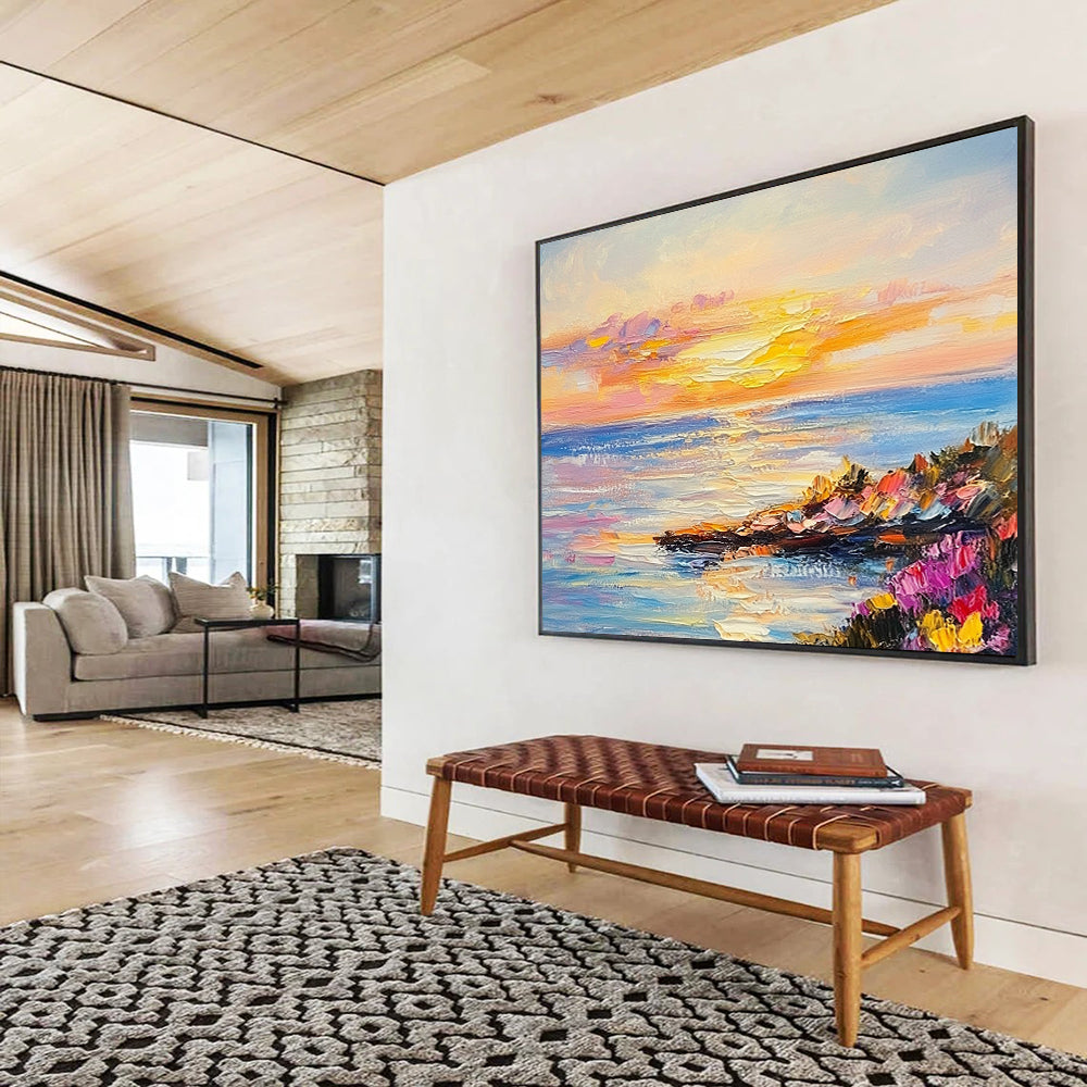 Colorful Coastal Sunset with Wildflowers - Impressionistic Seaside Painting On Canvas HB0442