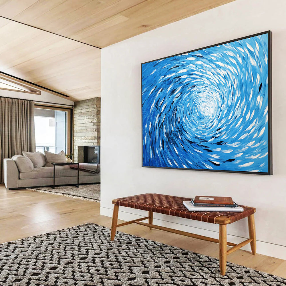“Blue Fish Spiral” - Blue, White, Fish Spiral Oil Painting On Canvas HB0724