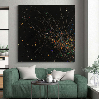 Black, Colorful Specks, Thin Lines "Starry Explosion" Abstract Painting On Canvas HB023