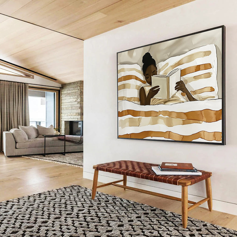 “Reading Woman in Neutral Tones” - Brown, White, Skin Tones, Figure Reading in Bed - Watercolor Illustration HB1770