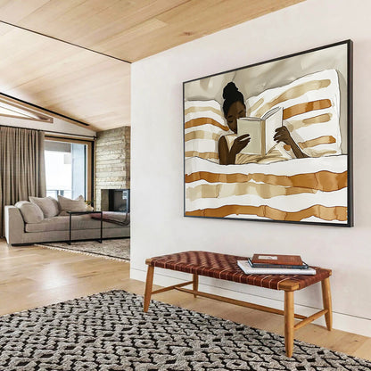 “Reading Woman in Neutral Tones” - Brown, White, Skin Tones, Figure Reading in Bed - Watercolor Illustration HB1770