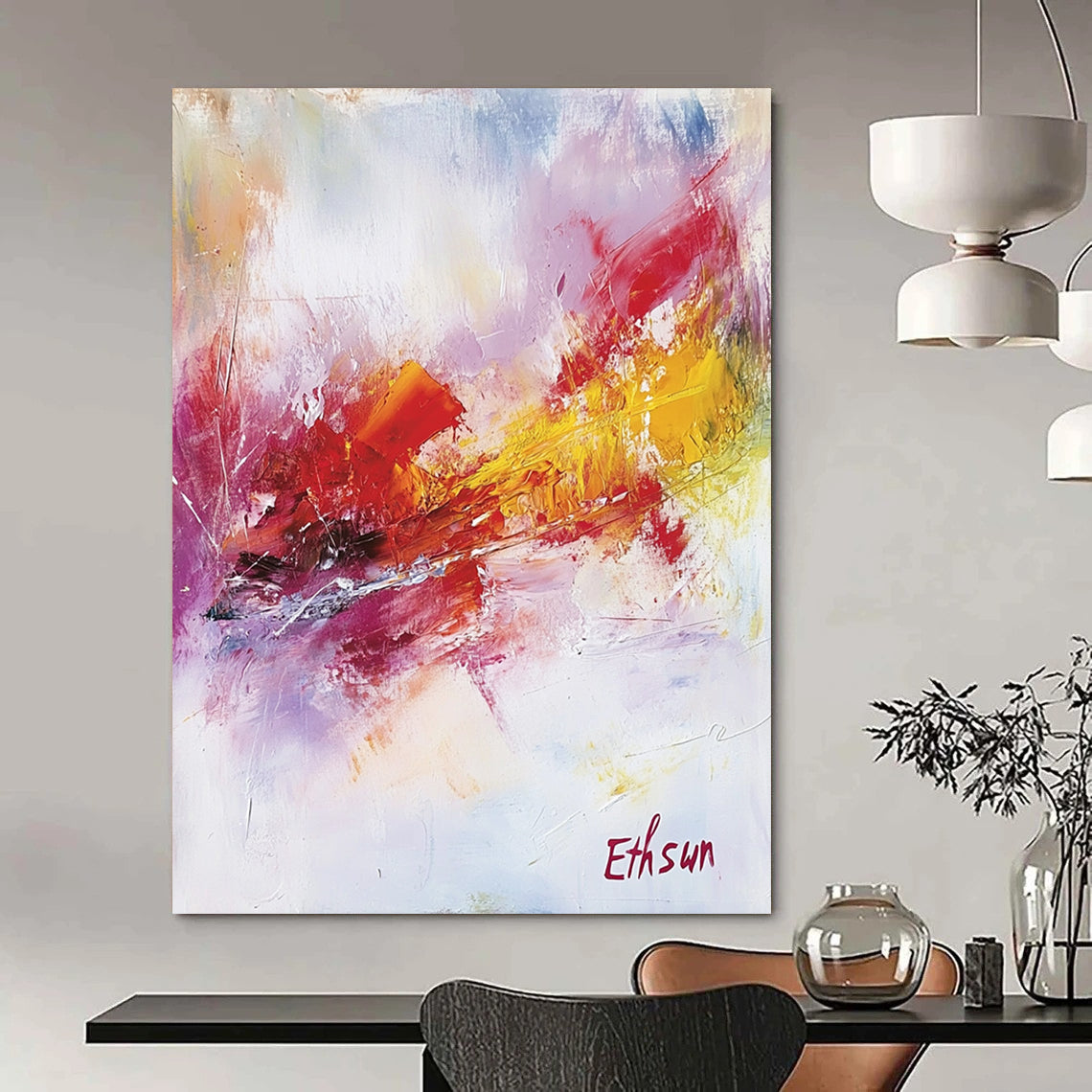 Contemporary abstract artwork featuring the word Ethsun in elegant calligraphy with warm colors and soft brushstrokes creating a serene atmosphere. DLZ1067