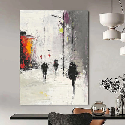 Contemporary hand-painted abstract artwork depicting an urban scene in gray and white with red accents featuring people walking in the rain. DLZ0968