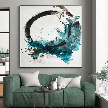 Black, White, Teal, Brown, Splattered Circle "Colorful Enso" Abstract Expressionist Painting On Canvas HB094
