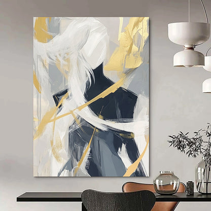 Contemporary hand-painted abstract artwork featuring bold black lines and dynamic brush strokes in white, gray, and gold tones for a striking visual impact. DLZ0830
