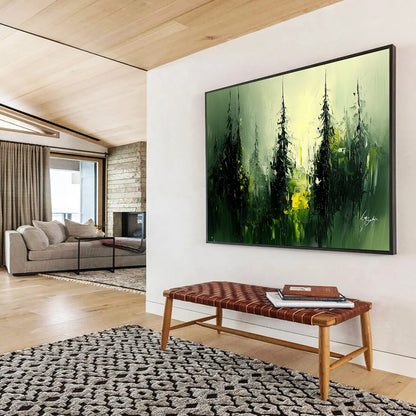 “Mystic Forest Glow” - Green, Yellow, Black, Abstract Trees - Oil Painting HB1485