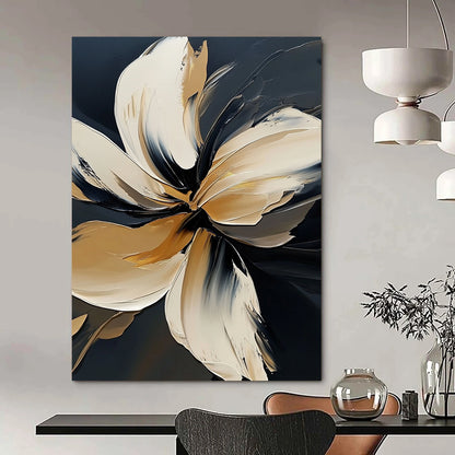 Contemporary abstract floral painting in bold white on black, featuring elegant detailing and atmospheric brushstrokes with golden highlights in high resolution. DLZ0826