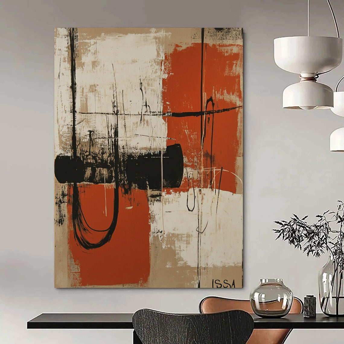 Contemporary abstract artwork featuring orange and white shapes resembling machinery silhouettes against a beige background with dark vignette and textured shading. DLZ1085