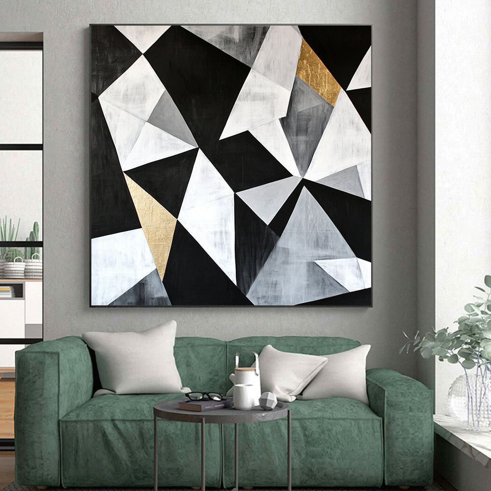 Black, White, Gray, Gold, Angular Collage "Gilded Industrial Fusion" Abstract Modernist Painting On Canvas HB128