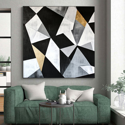 Black, White, Gray, Gold, Angular Collage "Gilded Industrial Fusion" Abstract Modernist Painting On Canvas HB128