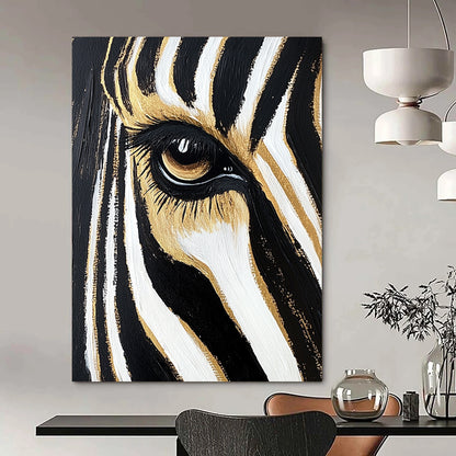Contemporary hand-painted abstract art featuring a zebra's eye and forehead stripes in black and white with gold highlights against a gradient background. DLZ1217