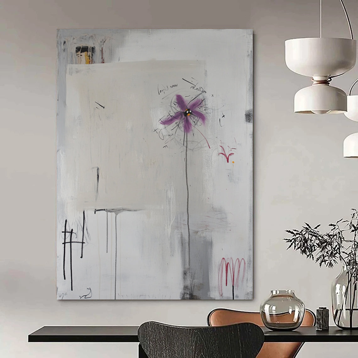 Contemporary abstract art features white canvas with scribbles, handwritten elements, light grey background, central purple flower, and defined black lines. DLZ1084