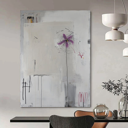 Contemporary abstract art features white canvas with scribbles, handwritten elements, light grey background, central purple flower, and defined black lines. DLZ1084