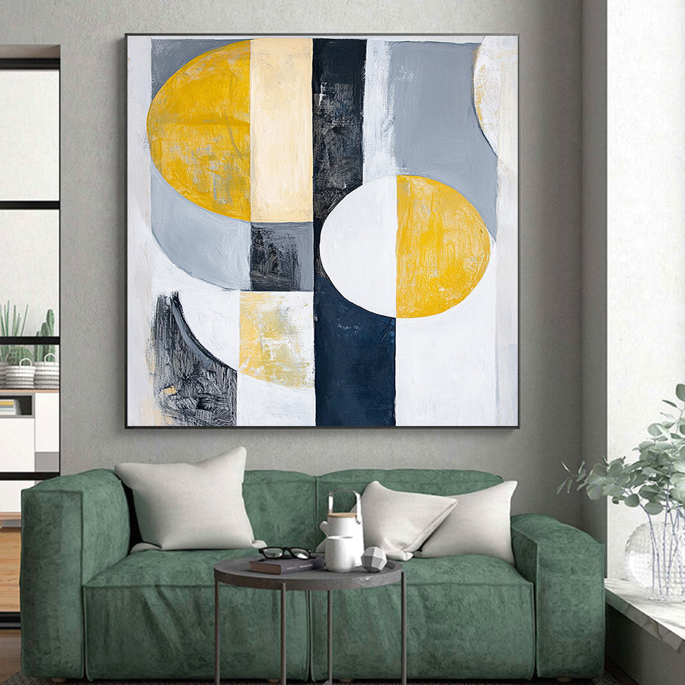 Gray, Black, Gold and Silver Geometric Abstraction "Mystic Geometry" Painting On Canvas HB388