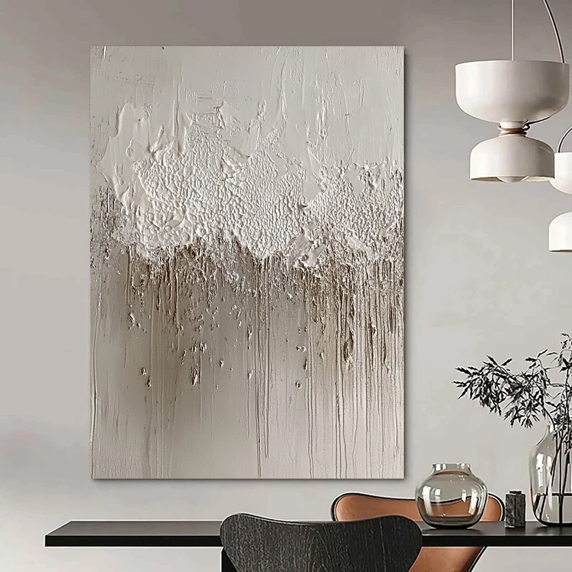 Contemporary abstract artwork featuring textured silver foil layers and intricate gray patterns resembling water droplets, inspired by Chinese ink paintings and concrete art. DLZ1516