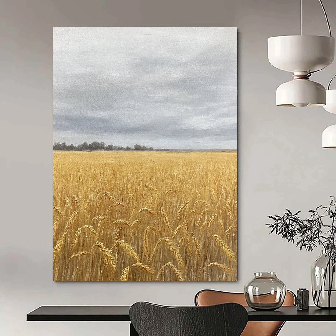 Contemporary hand-painted abstract art featuring a vast wheat field in soft earth tones and greys, capturing nostalgia beneath an overcast sky. DLZ1486