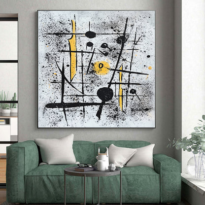 Black, White & Yellow Spattered Lines - “Chaotic Energetic Scribbles” Painting On Canvas HB205