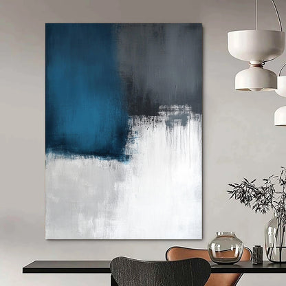 Contemporary large abstract artwork featuring layers of light sky-blue and dark gray, inspired by a calm sea on a white canvas. DLZ0539