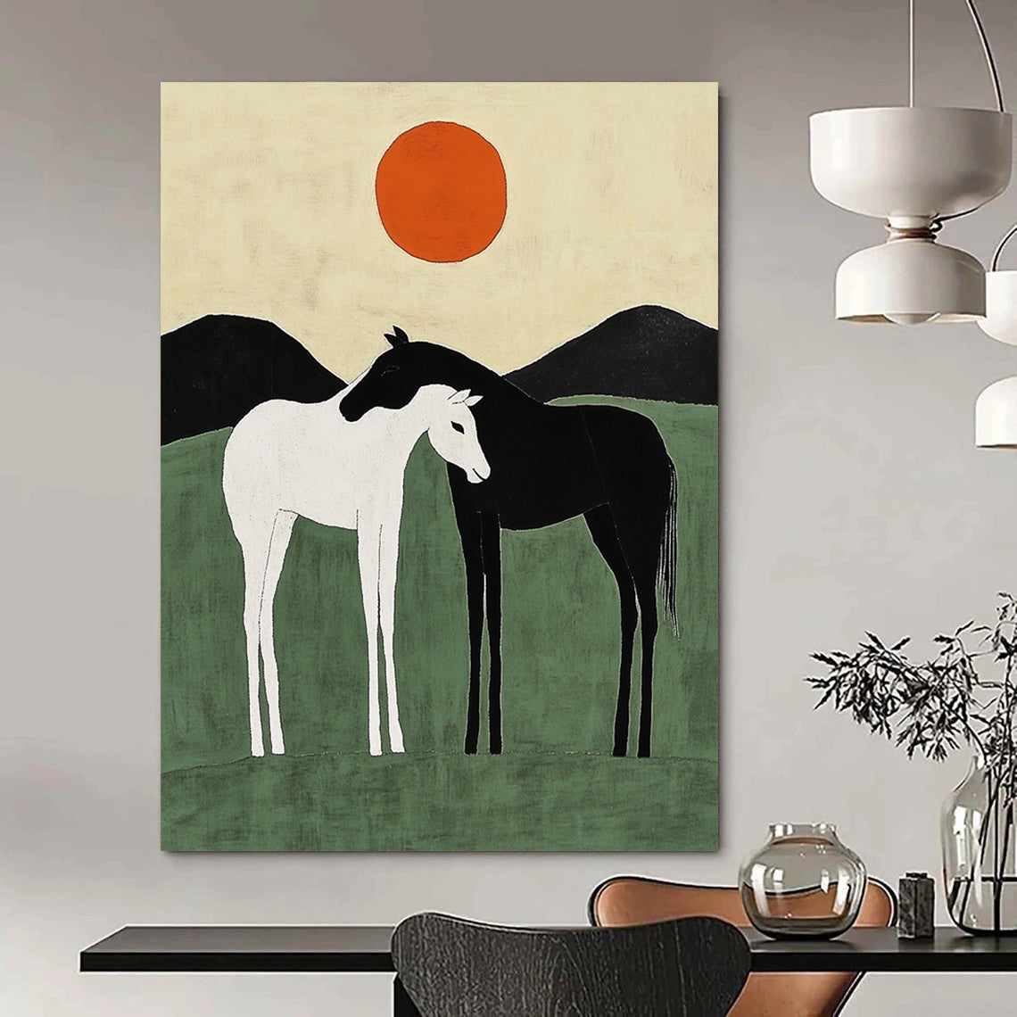 Contemporary abstract art featuring two minimalist horses against green hills with orange suns, capturing harmony through simple shapes and lines. DLZ1141