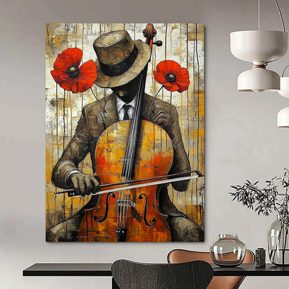 Contemporary abstract art featuring a cello player in vibrant yellow red and brown with dripping paint effect and urban background showcasing heavy brush strokes. DLZ1304