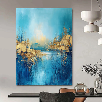 Contemporary large abstract painting features textured fringe with a landscape illuminated by golden light and adorned with gold foil accents. DLZ0345