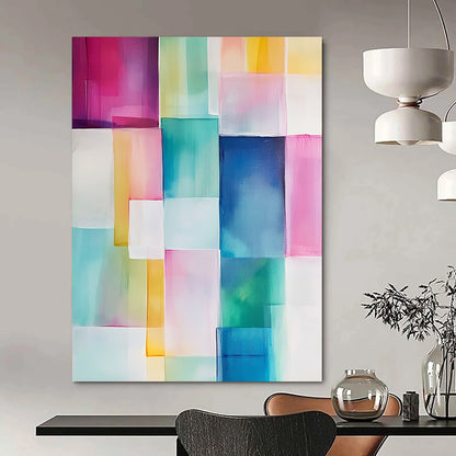 Contemporary hand-painted abstract art featuring geometric blocks of soft pink, blue, green, yellow, and white with translucent shapes and smooth edges. DLZ0911