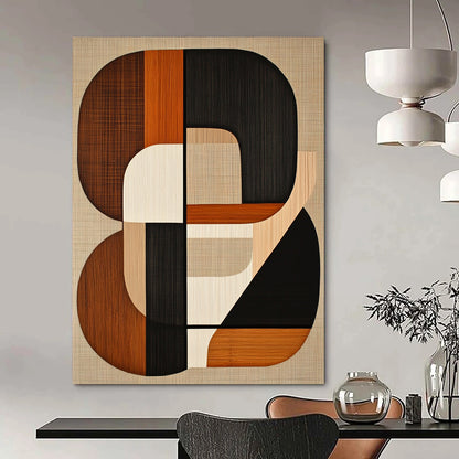 Contemporary hand-painted abstract artwork featuring mid-century modern shapes in earth tones with black lines on a beige background. DLZ1599