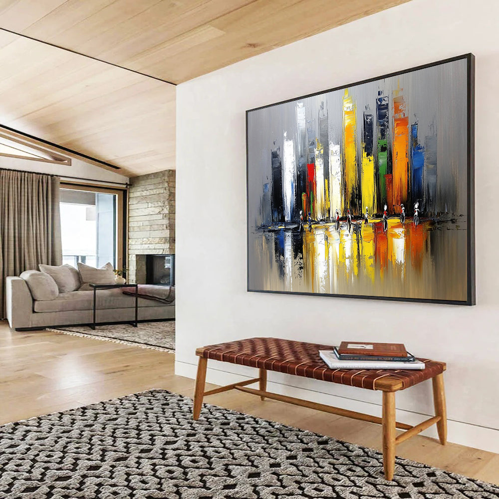 “Vibrant Cityscape with Figures” - Gray, Yellow, Red, Blue, Colorful Urban Scene - Impasto Acrylic Painting HB1669
