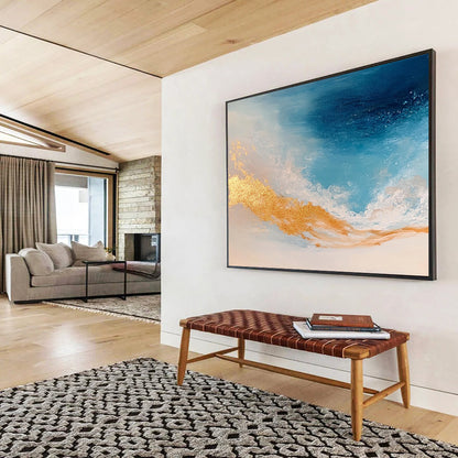 “Blue and Gold Ocean Waves” - Blue, Gold, White, Abstract Ocean Waves Painting On Canvas HB0971