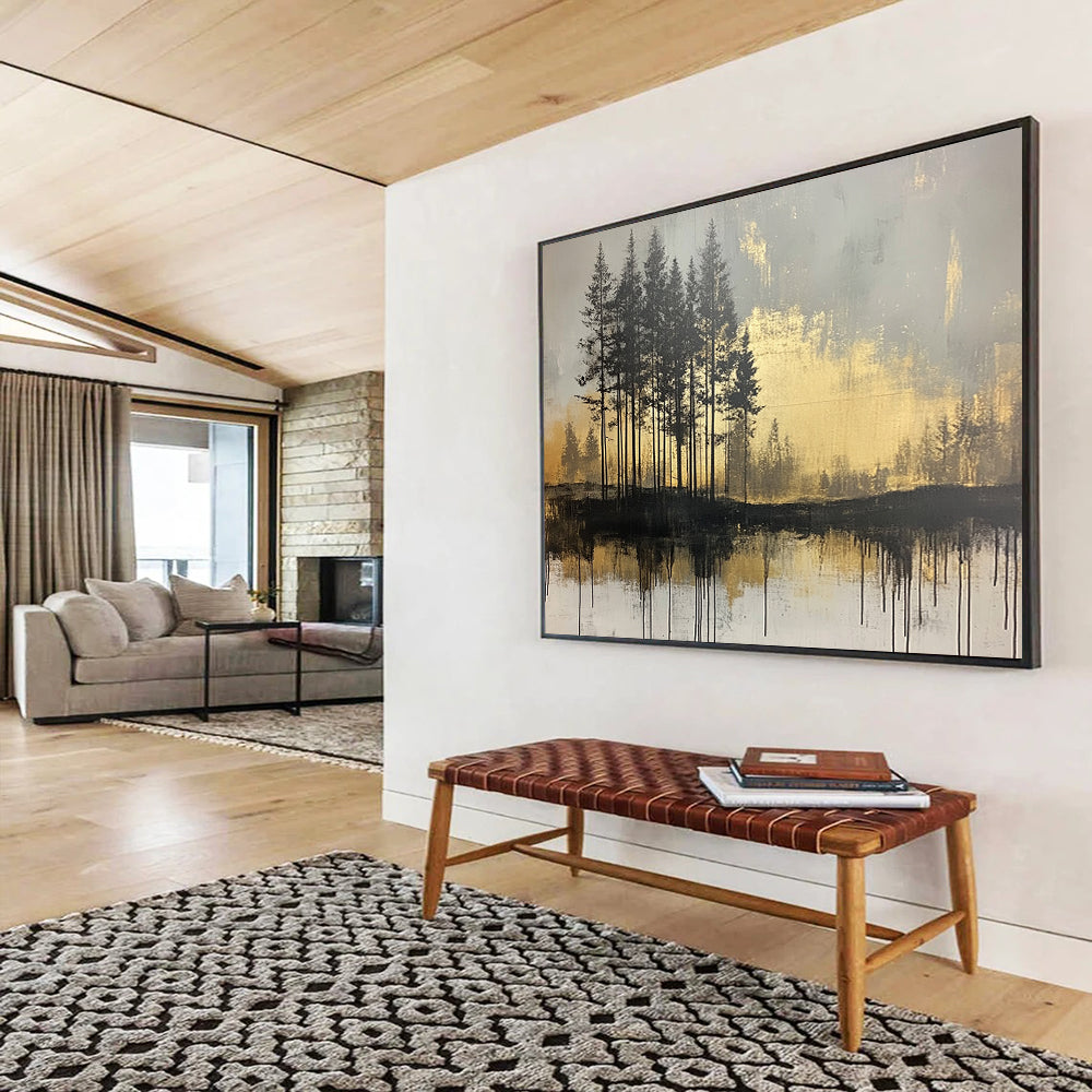 “Golden Forest Reflection” - Black, Gold, Gray, Silhouetted Trees and Reflective Water Painting On Canvas HB0948