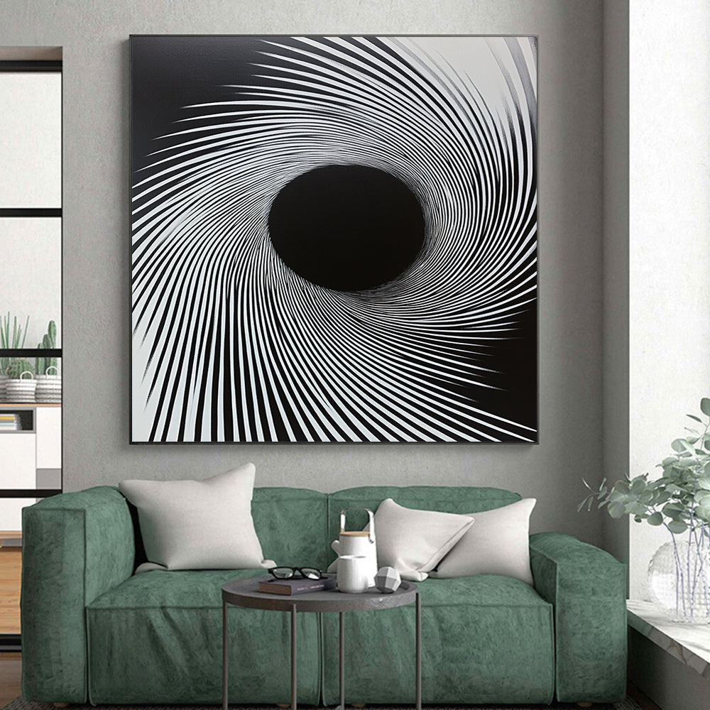 Black & White Radial Lines - “Hypnotic Tunnel Vision” Painting On Canvas HB183