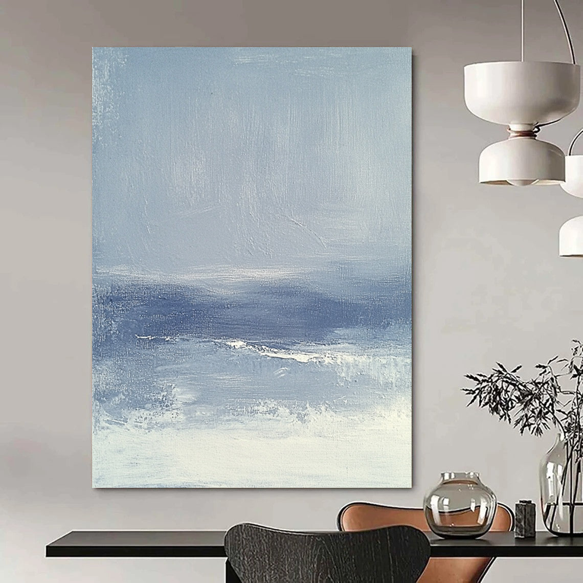 Contemporary abstract painting featuring a foggy sea in grey and blue, inspired by James Whistler's minimalist style, perfect for modern decor. DLZ0595