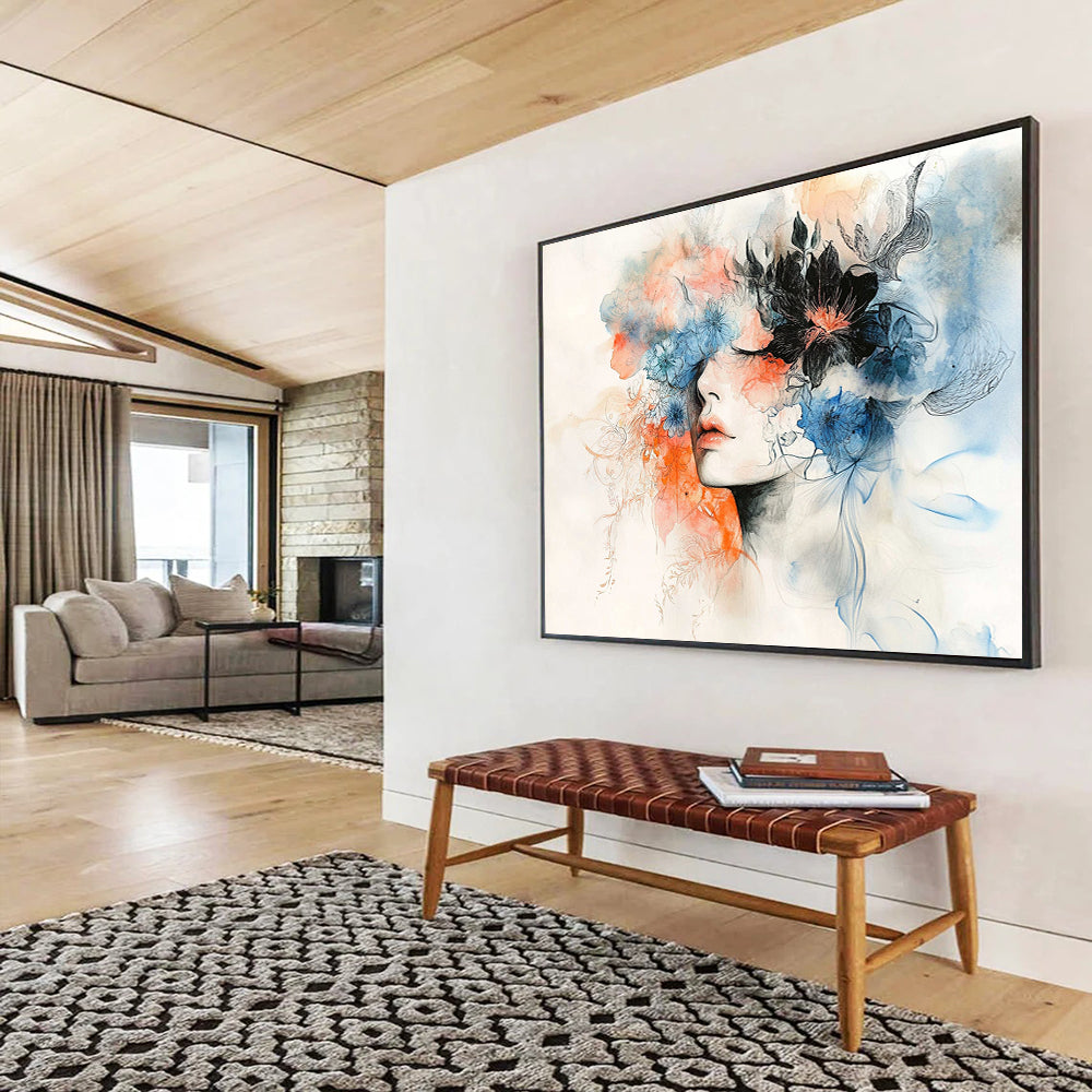 “Dreamy Floral Portrait” - Blue, Orange, Floral, Portrait Painting On Canvas HB0759