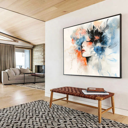 “Dreamy Floral Portrait” - Blue, Orange, Floral, Portrait Painting On Canvas HB0759