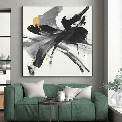 Black, Gray, Yellow and White Abstract Flower "Gilded Bloom" Painting On Canvas HB314
