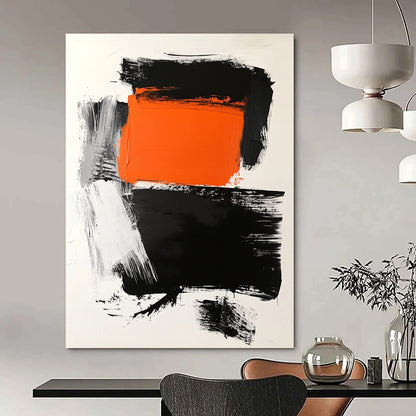 Contemporary abstract art features a striking orange square atop a bold black rectangle on a clean white background with dynamic brush strokes. DLZ1559