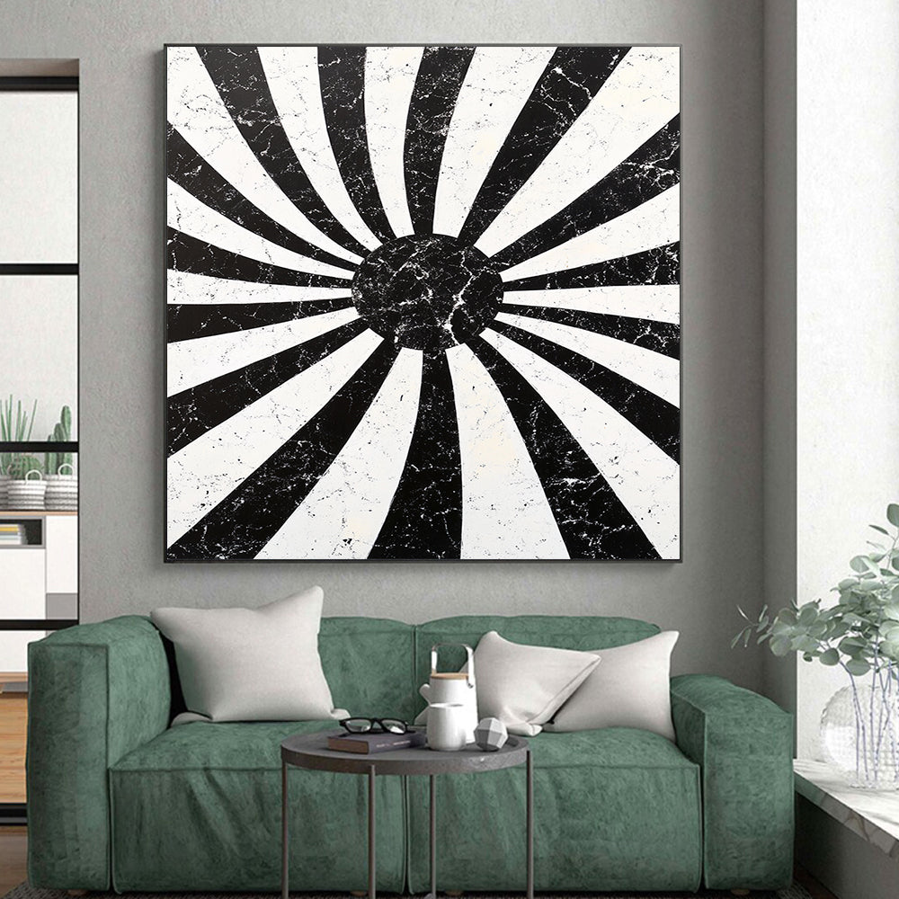 Black, White, Radial Stripes "Marbled Sunburst Radials" Abstract Geometric Painting On Canvas HB178