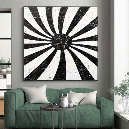 Black, White, Radial Stripes "Marbled Sunburst Radials" Abstract Geometric Painting On Canvas HB178