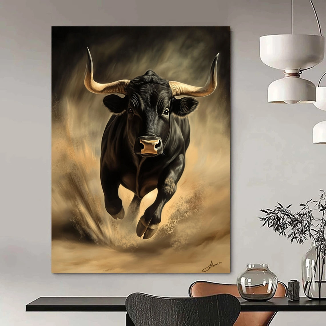 Vibrant contemporary abstract art featuring a dynamic black bull evoking energy and movement in a stunning digital painting style. DLZ1555