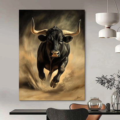 Vibrant contemporary abstract art featuring a dynamic black bull evoking energy and movement in a stunning digital painting style. DLZ1555